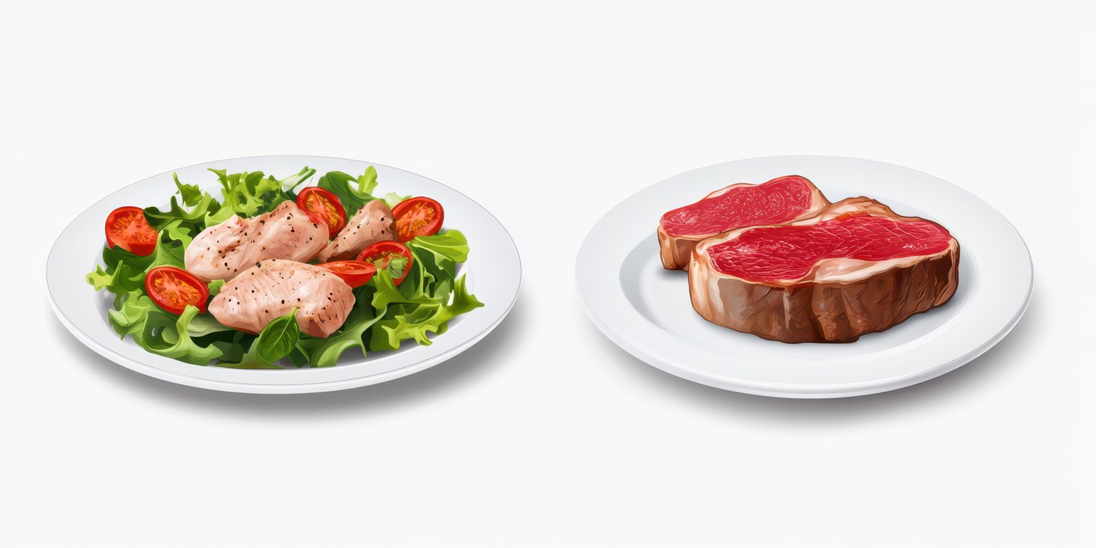 Delicious dish featuring grilled chicken salad and fresh raw steak on white plates for meal inspiration